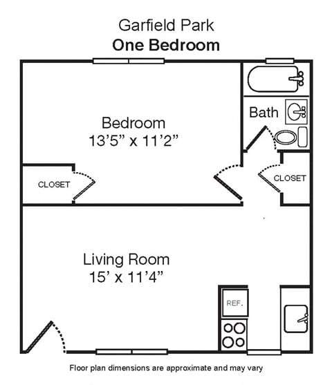 Floor plan for 1 bed, 1 bath